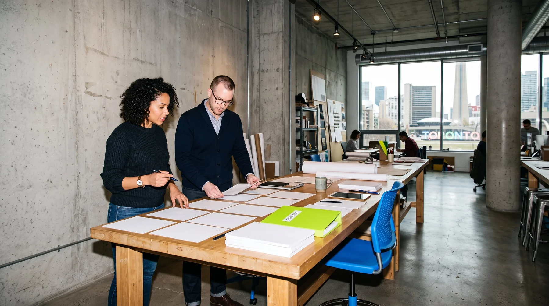 Strategists reviewing a content plan at a contemporary studio