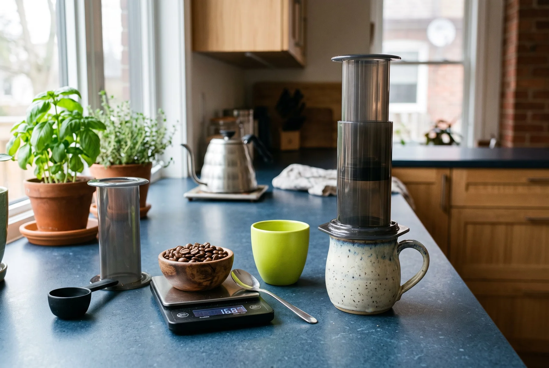 A manual coffee brewing setup on a kitchen counter