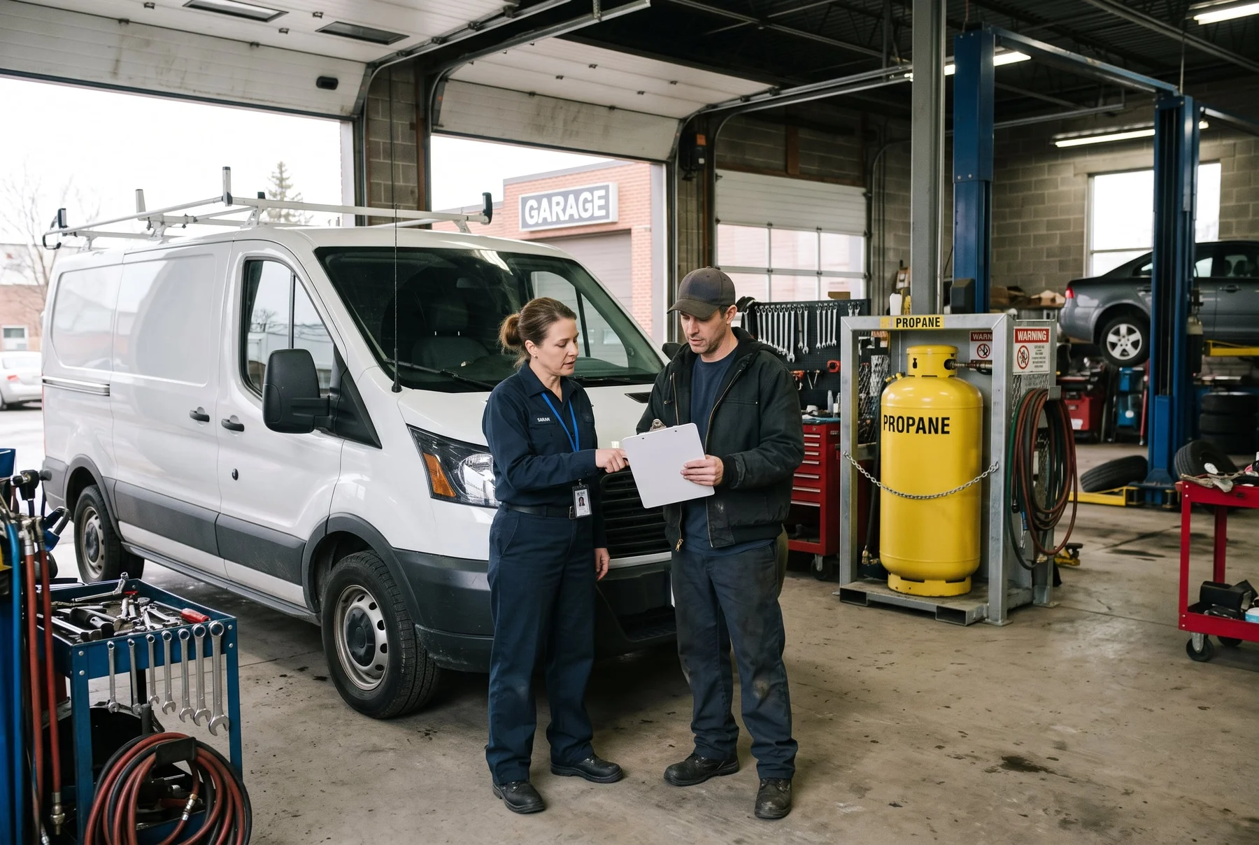 A customer discussing a vehicle with a mechanic