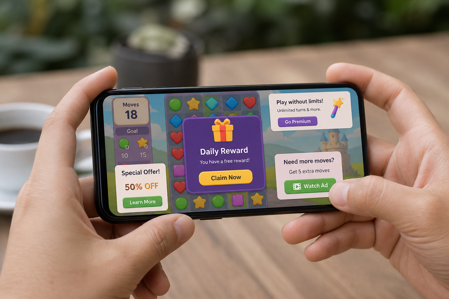 A browser game on a phone with generic advertising notices