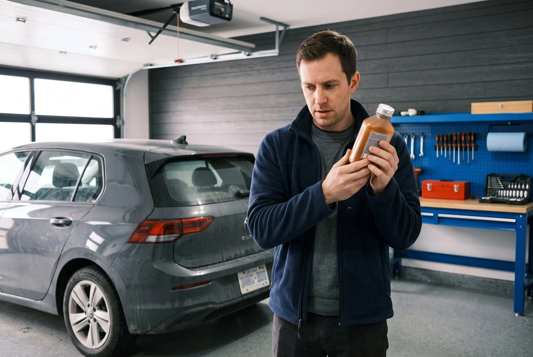 A driver considering a fuel additive beside a parked gasoline car