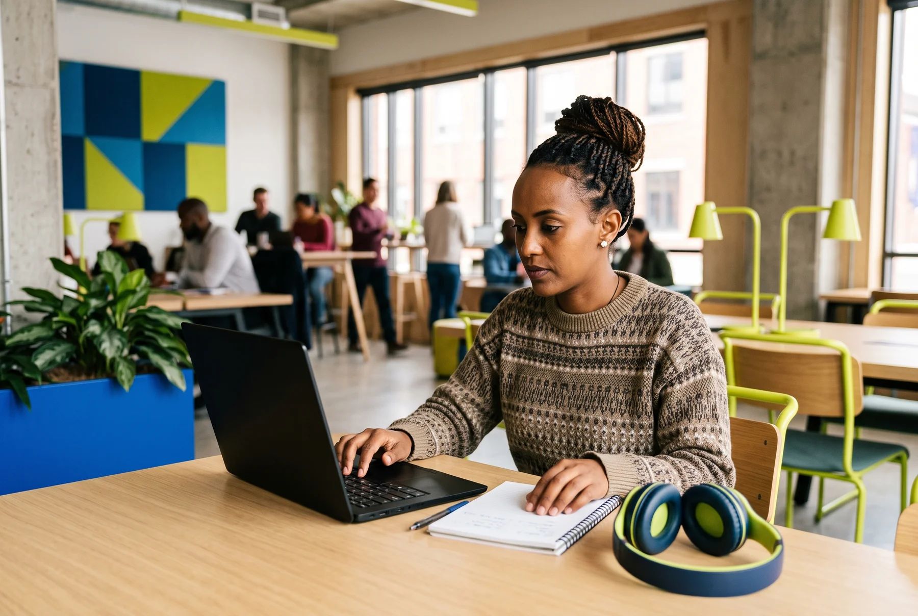 A newcomer practising digital skills in a shared study space