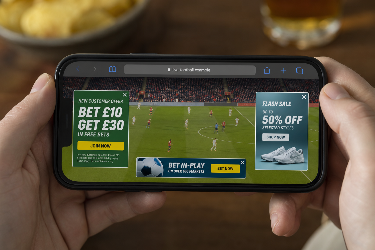A football stream in a browser with generic advertising overlays