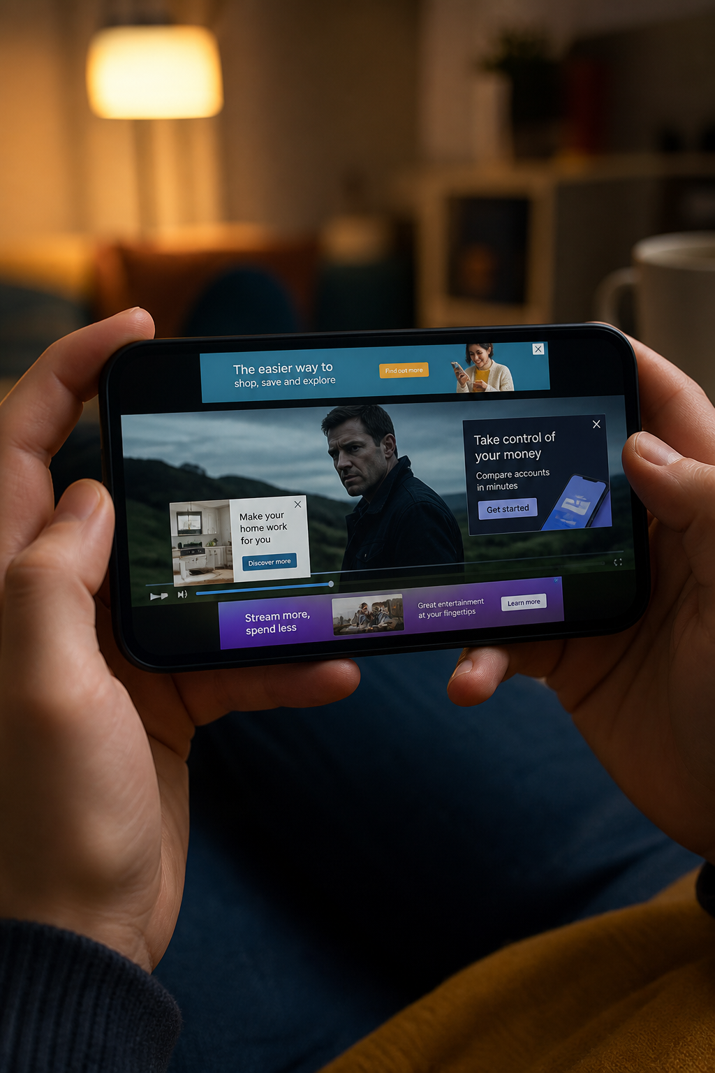 A programme playing on a phone beneath several generic advert overlays